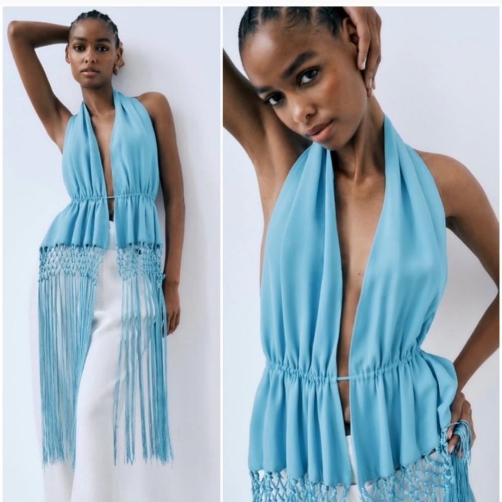 Zara Fringe Halter Top Ibiza Festival Resort Beach Top Blue Size S - Picture 9 of 14